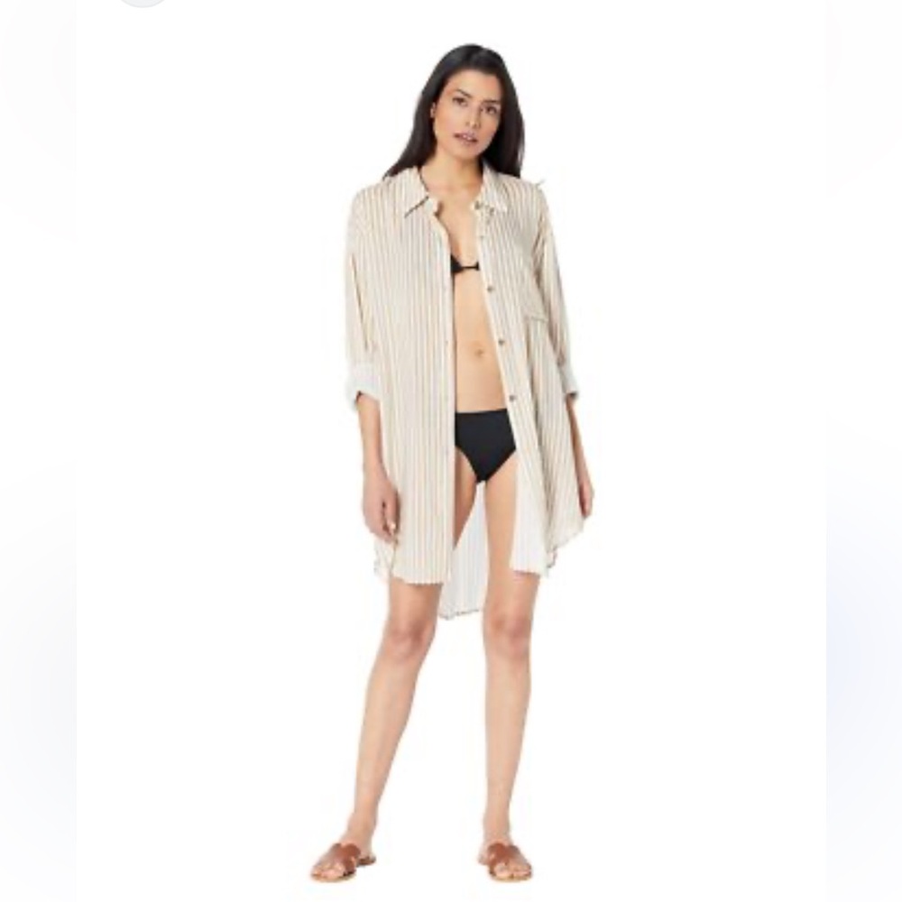 Michael Kors 302972 Logo Stripe Button Front Cover-Up Top Khaki Size‎ Small New